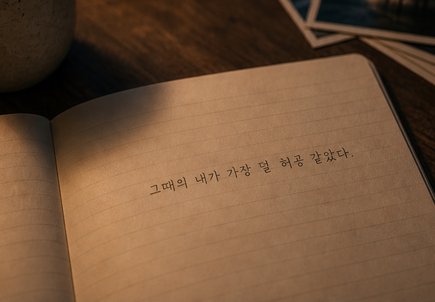 노트 위에 그때의 내가 가장 덜 허공 같았다라는 문장이 적힌 클로즈업